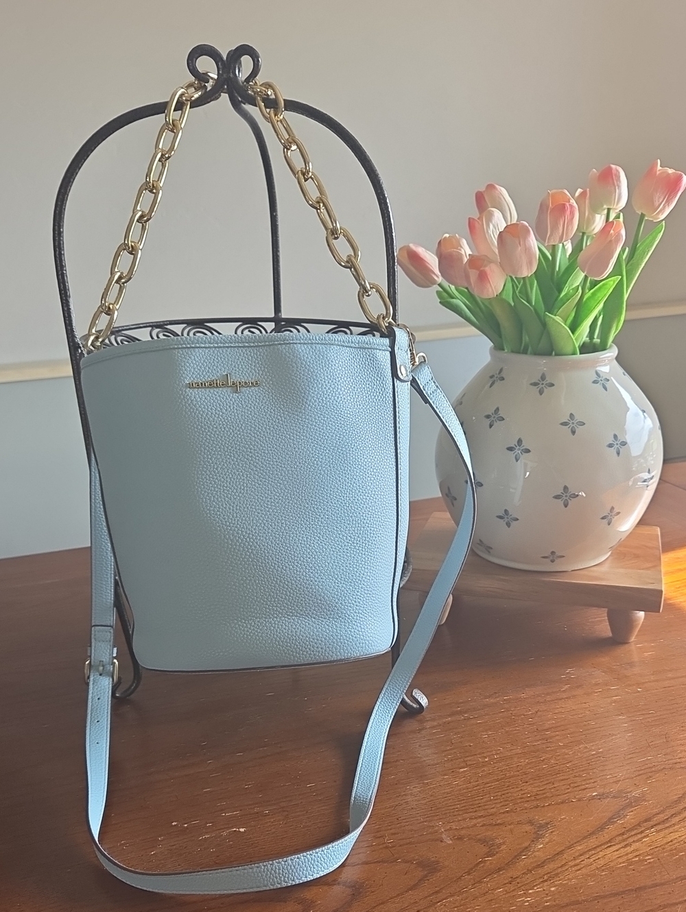 Nanette Lepore Light Blue Pebbled Leather Bucket Crossbody with Gold Chain